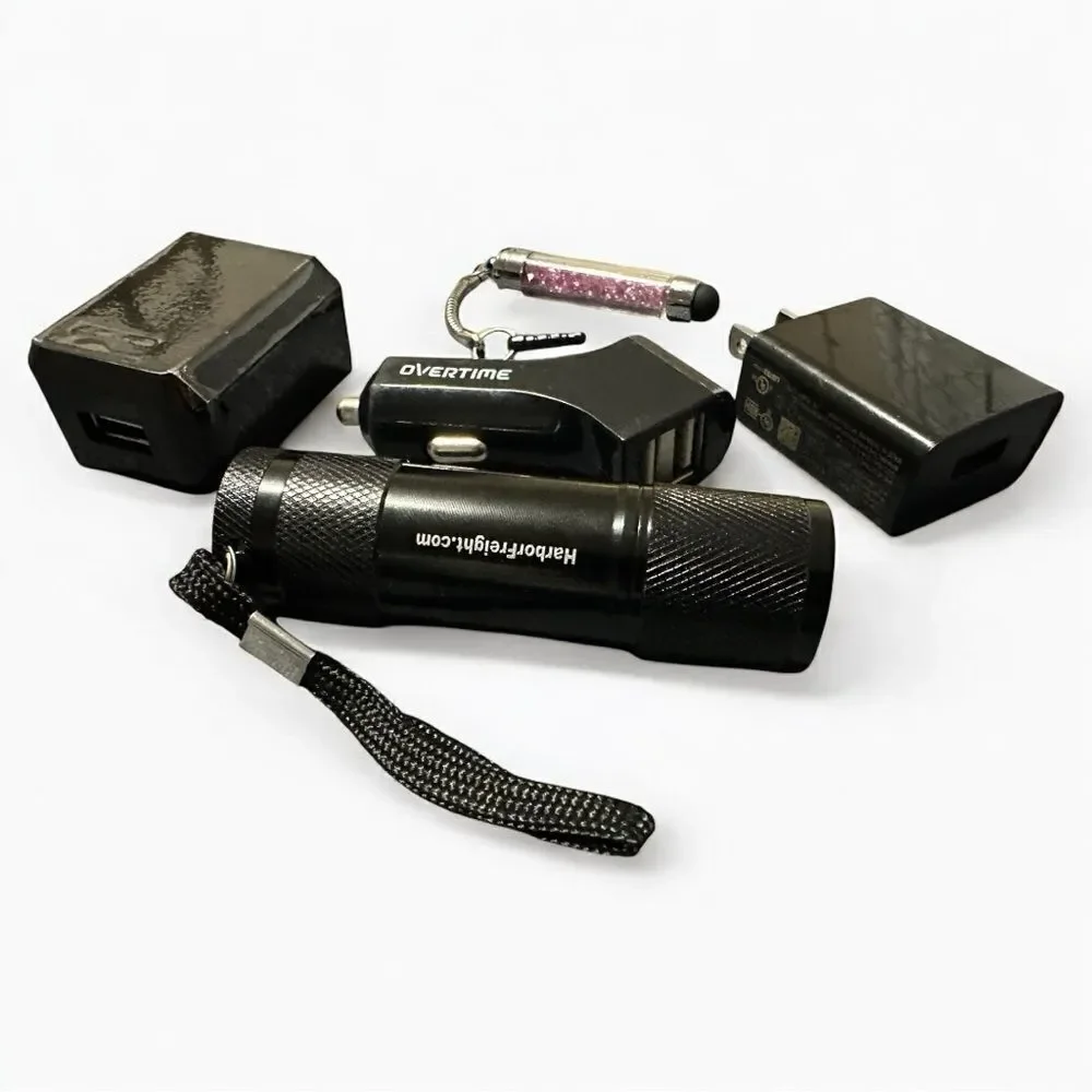 Electronics Gadget Lot –Flashlight, Dual USB Car & Wall Chargers+Stylus Keychain